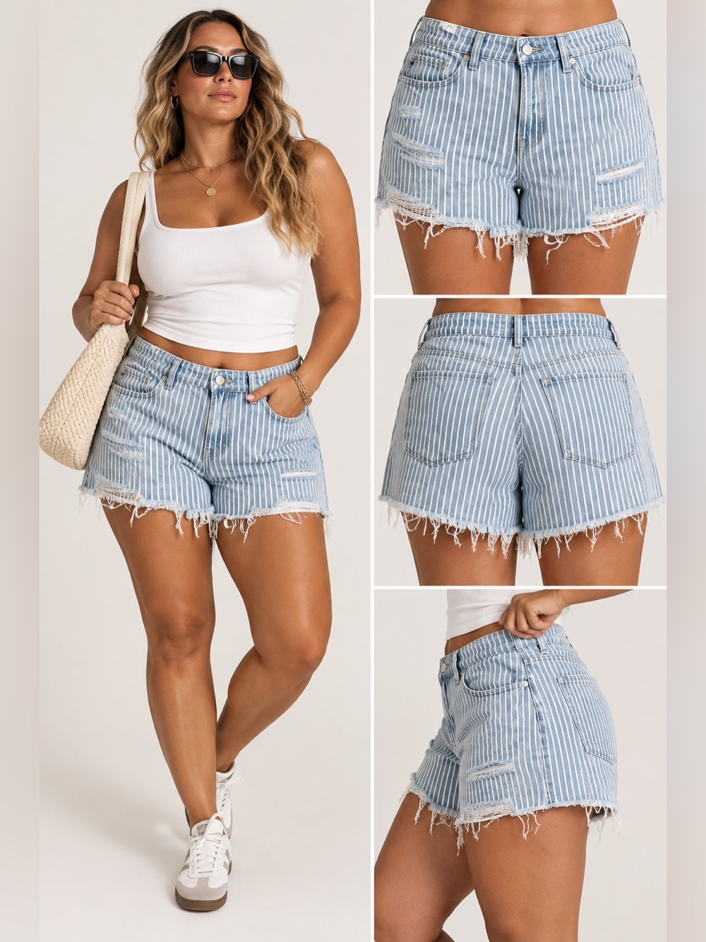 Striped Light Blue Distressed Denim Shorts - Women